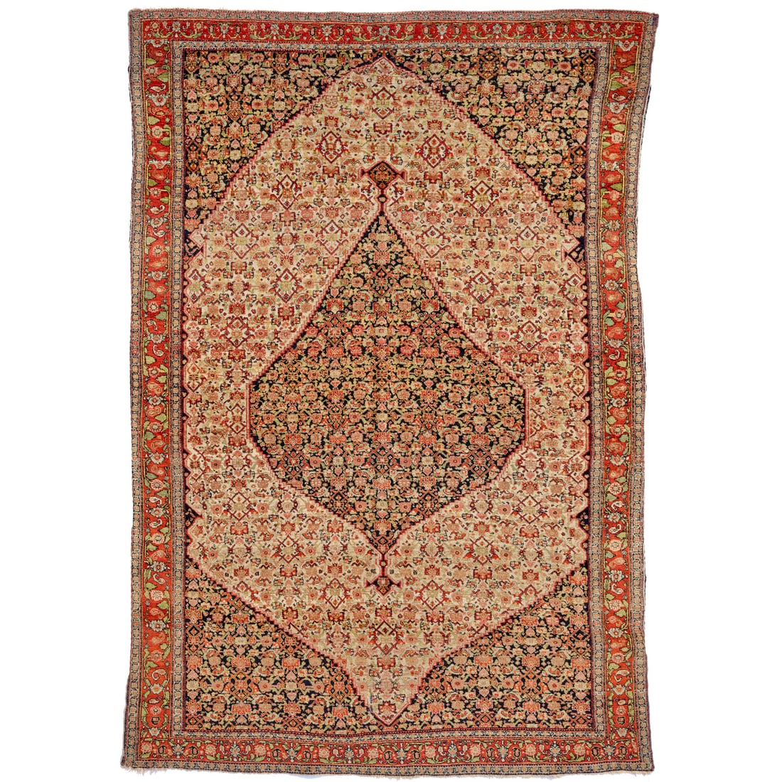 Nice antique Senneh rug: Nice antique Senneh rug, Early 20th c., tightly hand-knotted, dense floral design, on cream and dark blue ground, approx. 6'9"l x 4'5"w Provenance: A Private Collection: 860 Fifth Avenue, NYC
