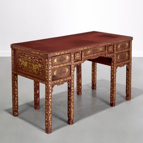 Chinese Export red lacquer and parcel gilt desk