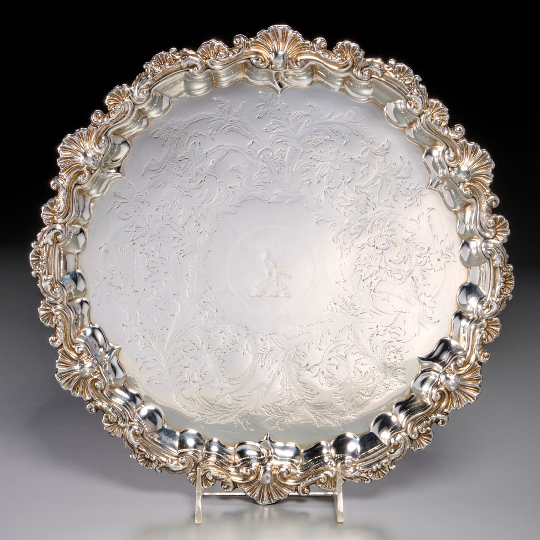 Matthew Boulton, silverplate salver, Astor Family: Matthew Boulton, silverplate salver, Astor Family, Late 18th/Early 19th c., Sheffield, shell and scroll rim, foliage decoration with bird to center, on shell and scroll feet, twin sun mark underside,
