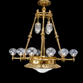 Large Aesthetic Movement 14-light brass gasolier