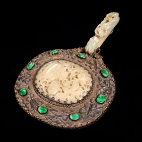 Chinese silver and jade hand mirror