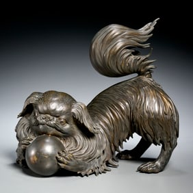 Large Japanese bronze Okimono of Chin dog
