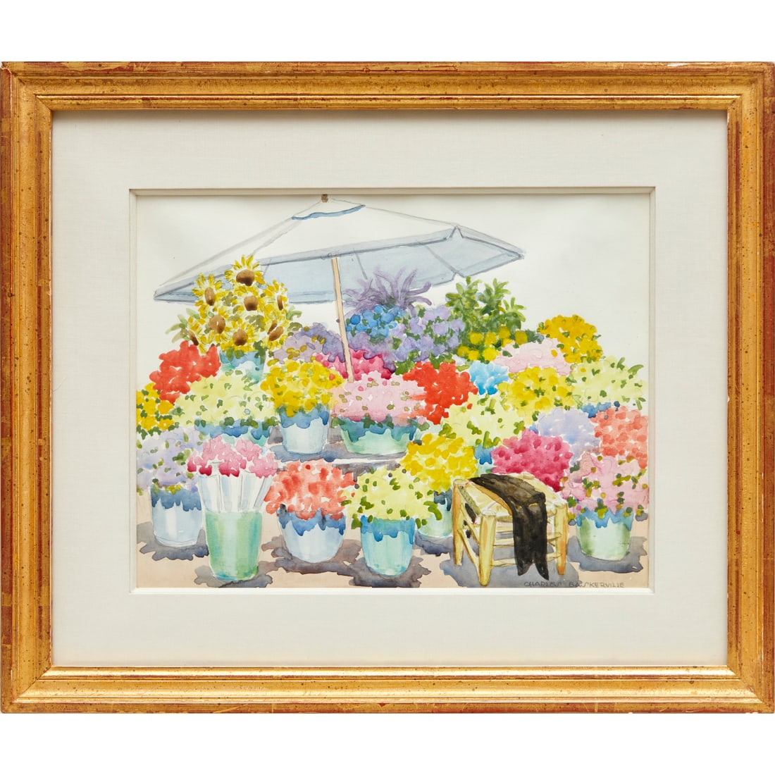 Charles Baskerville, watercolor, DuPont mural: Charles Baskerville, watercolor, DuPont mural, Charles Baskerville (American, 1896-1994), Flower Stand at Market, sketch for mural in the home of Mr. and Mrs. Felix Du Pont, Delaware, signed lower rig