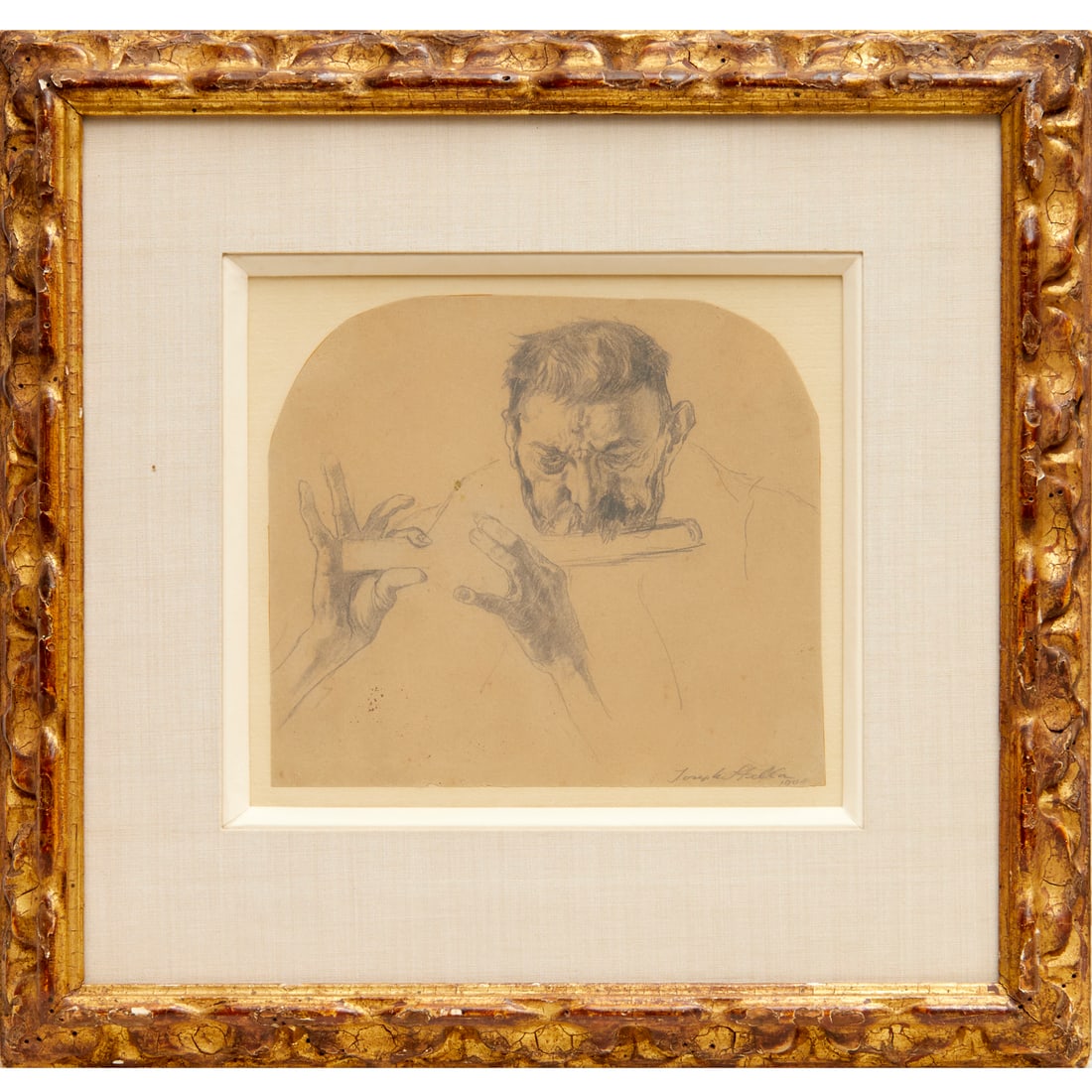 Joseph Stella, pencil drawing on tan paper, 1908: Joseph Stella, pencil drawing on tan paper, 1908, Joseph Stella (American, 1877-1946), Man Playing Piccolo, signed and dated lower right, two gallery labels verso, framed under plexiglass, 6.24"h x 7"