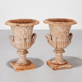 Pair George III limed wood campana urns