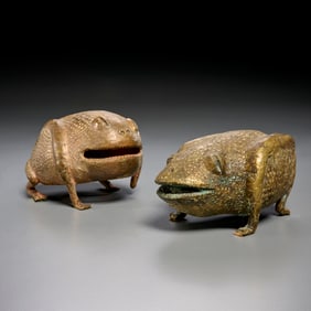 (2) Unusual African bronze toad sculptures