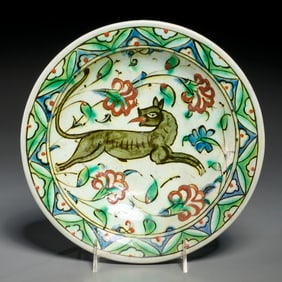 Ottoman Iznik glazed pottery dish, ex Sotheby's