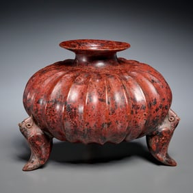 Colima pottery gadrooned tripod parrot jar