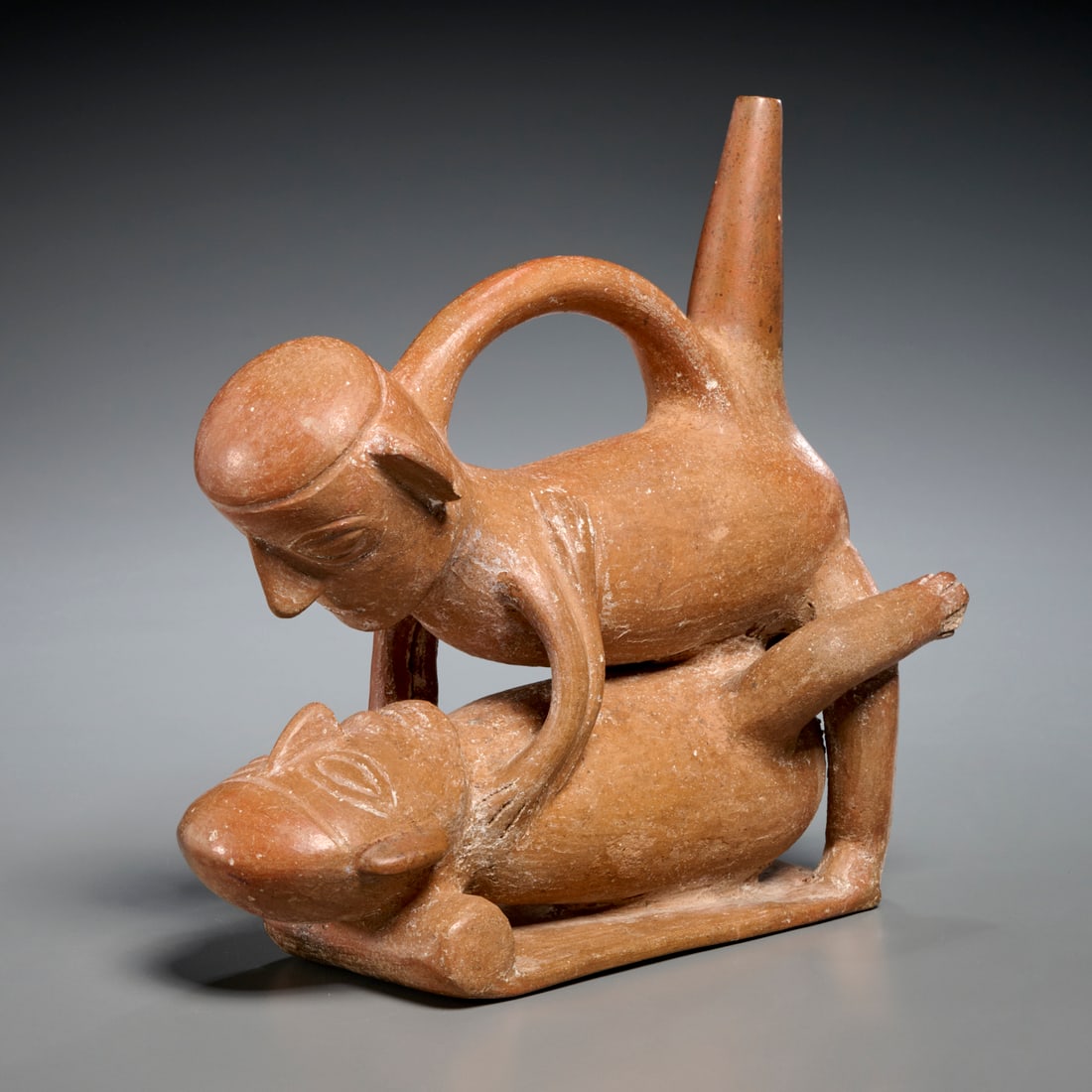 Moche erotic pottery stirrup vessel, ex Sotheby's: Moche erotic pottery stirrup vessel, ex Sotheby's, Likely (100-800 CE) or later, Peru, two figures in erotic embrace, unmarked, incl. redacted scan of receipt, 7.5"h x 7.5"w x 4"d Provenance: A Privat