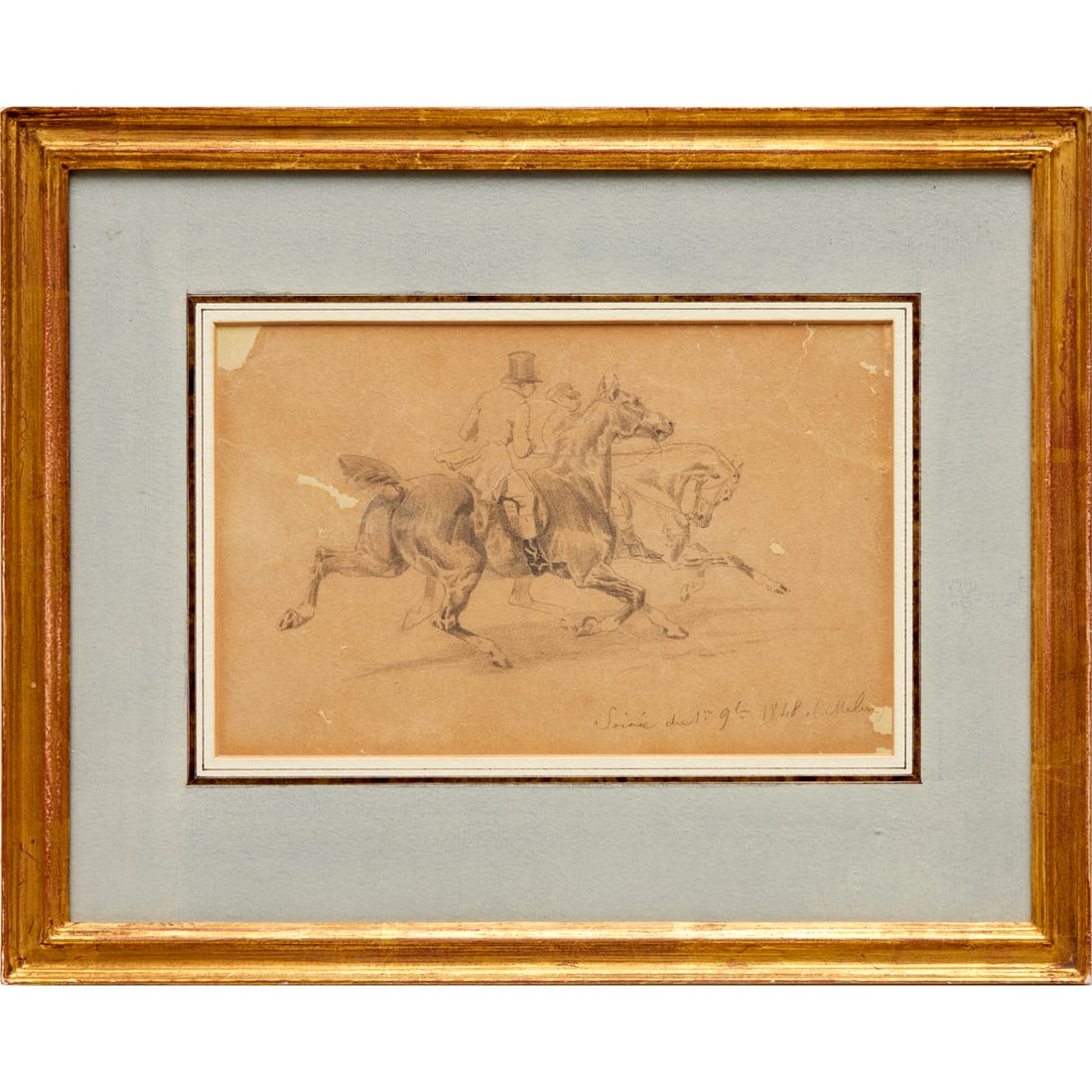 Alfred de Dreux, graphite on paper, 1848: Alfred de Dreux, graphite on paper, 1848, Alfred de Dreux (French, 1810-1860), "Au Galop", inscribed and dated lower right corner, Christie's inventory tag and gallery label verso, 4.75"h x 7.5"w (sig
