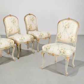 Set (4) antique Louis XV style blue painted chairs