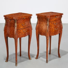 Pair Italian Rococo style parquetry commodini