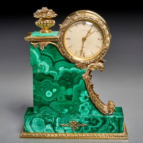 Italian silver gilt and malachite mantle clock