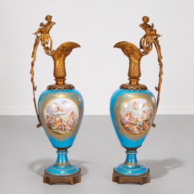 Pair large Sevres bronze mounted ewers