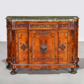 Louis XV style marble top burlwood buffet
