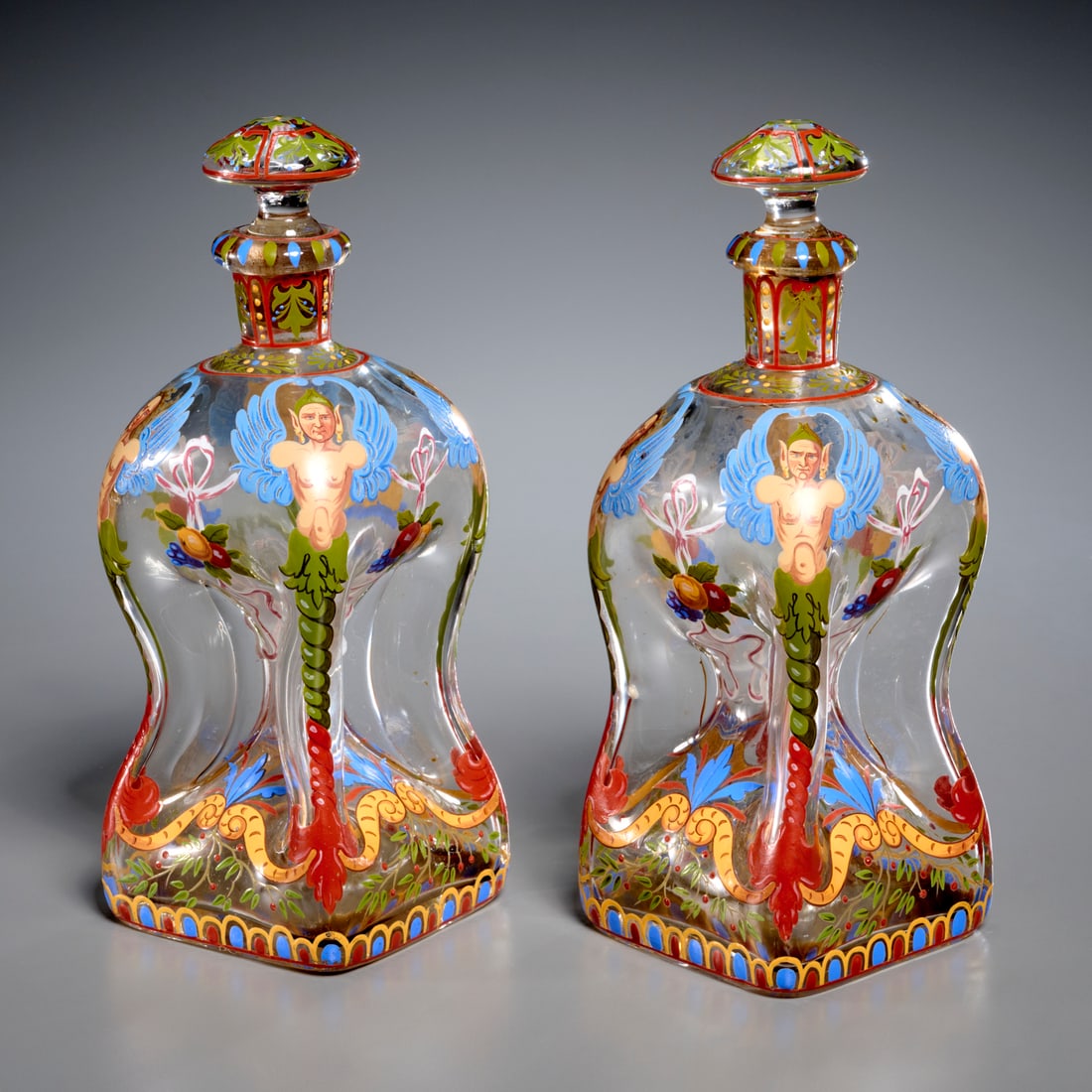 Pair Lobmeyr (attrib) enameled glass decanters (1 of 7)