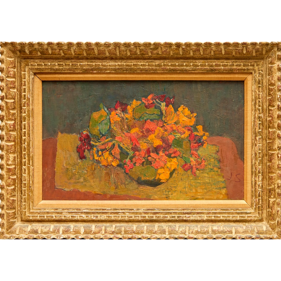 Joseph Solman, oil on masonite: Joseph Solman, oil on masonite, Joseph Solman (American, 1909-2008), Floral Still Life, signed "JS" lower right, sketch in oil on verso, 12"h x 20"w (panel), 19"h x 20"w (frame) Provenance: A Private