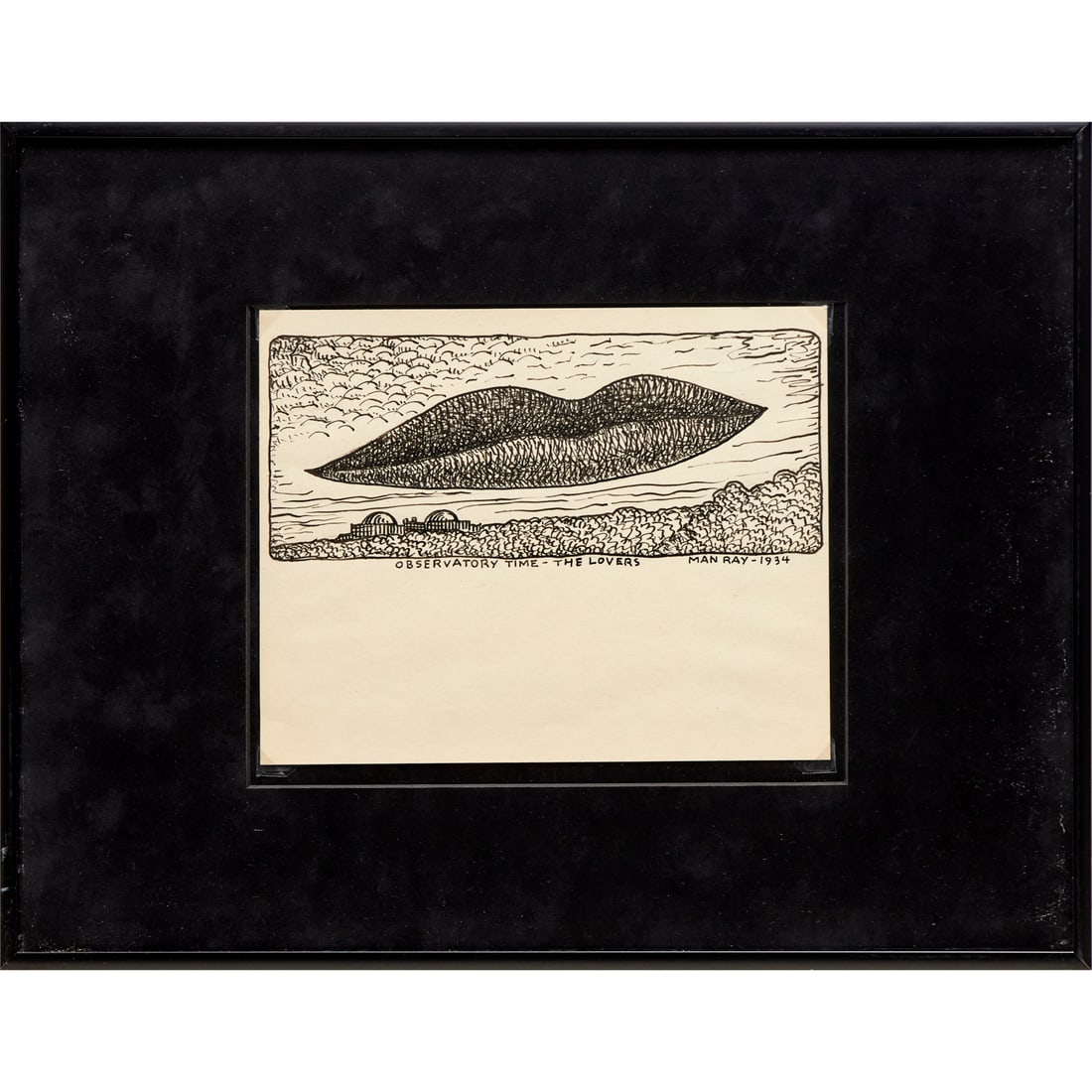 Man Ray, pen and ink drawing, ex Naomi Savage: Man Ray, pen and ink drawing, ex Naomi Savage, Man Ray (Emmanuel Radnitzky), (American, 1890-1976), "Observatory Time-The Lovers," 1934, signed and dated lower right, provenance labels verso incl. The