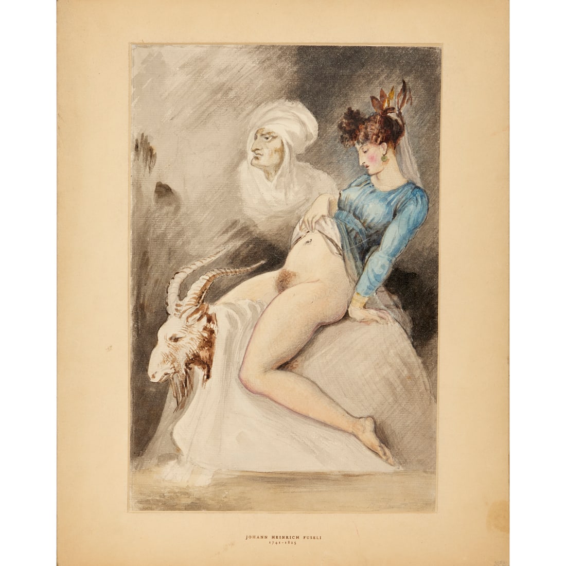 Henry Fuseli (attrib), watercolor on paper: Henry Fuseli (attrib), watercolor on paper, Attributed to Johann Heinrich "Henry" Fuseli (Swiss, 1741-1825), Untitled (partial nude seated on a goat), graphite and watercolor on laid paper, lightly pe
