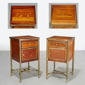 Pair Italian brass and marquetry comodini