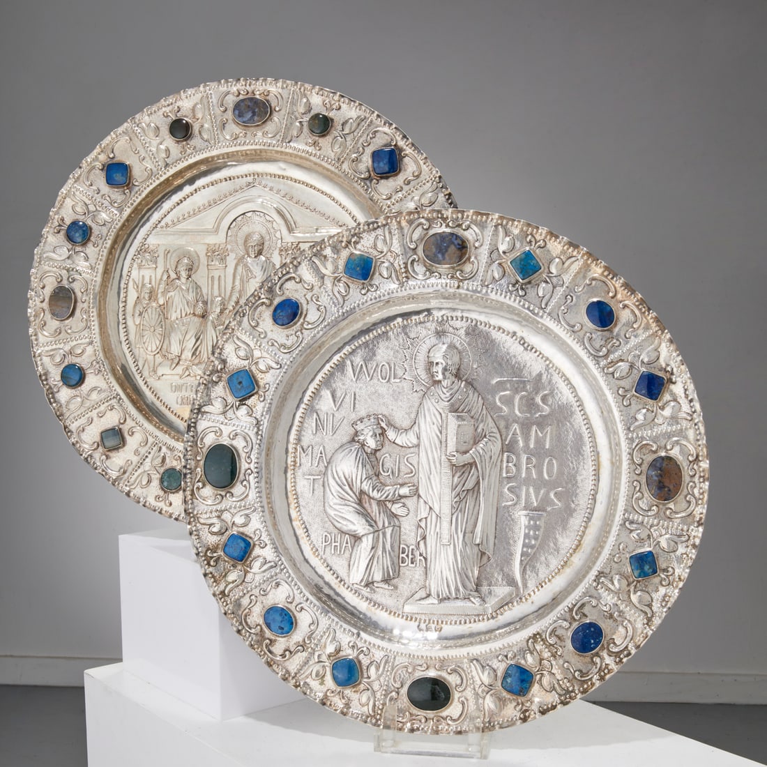 Pair German hardstone mounted silver chargers (1 of 9)