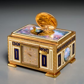 Emil Brenk enameled & gilt singing bird box clock
