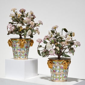 Pair Dresden porcelain cachepots and florals