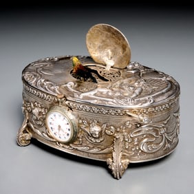 German repousse sterling singing bird box clock