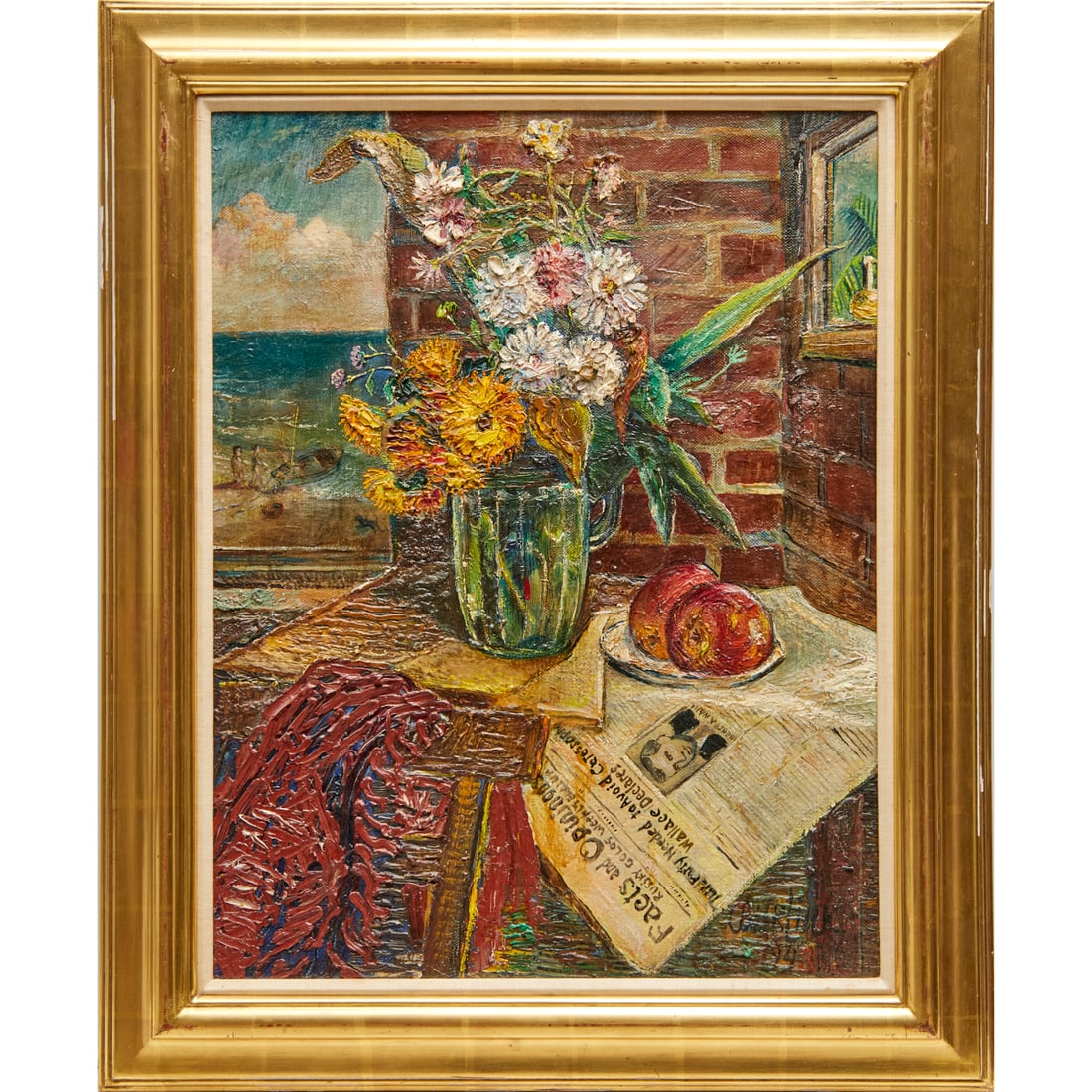 David Burliuk, oil on canvas, 1948: David Burliuk, oil on canvas, 1948, David Davidovich Burliuk (Russian, 1882-1967), Flowers in a Room with Apples and Newspaper, signed "Burliuk" and dated 1948, lower right, 26'H X 20"W (stretchers),