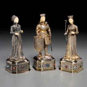 German sterling knight and (2) Lady figures