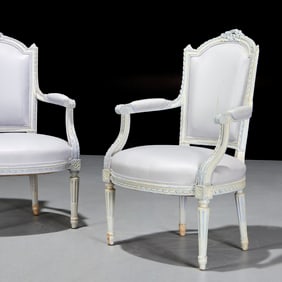 Pair Louis XVI style paint decorated fauteuils