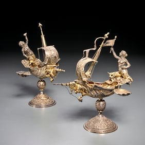 Pair Continental silver figural nef sweetmeats