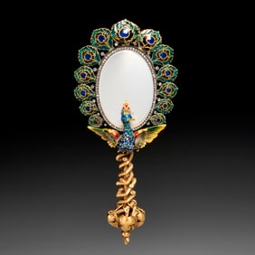 French 18K gold, enamel, diamond hand mirror