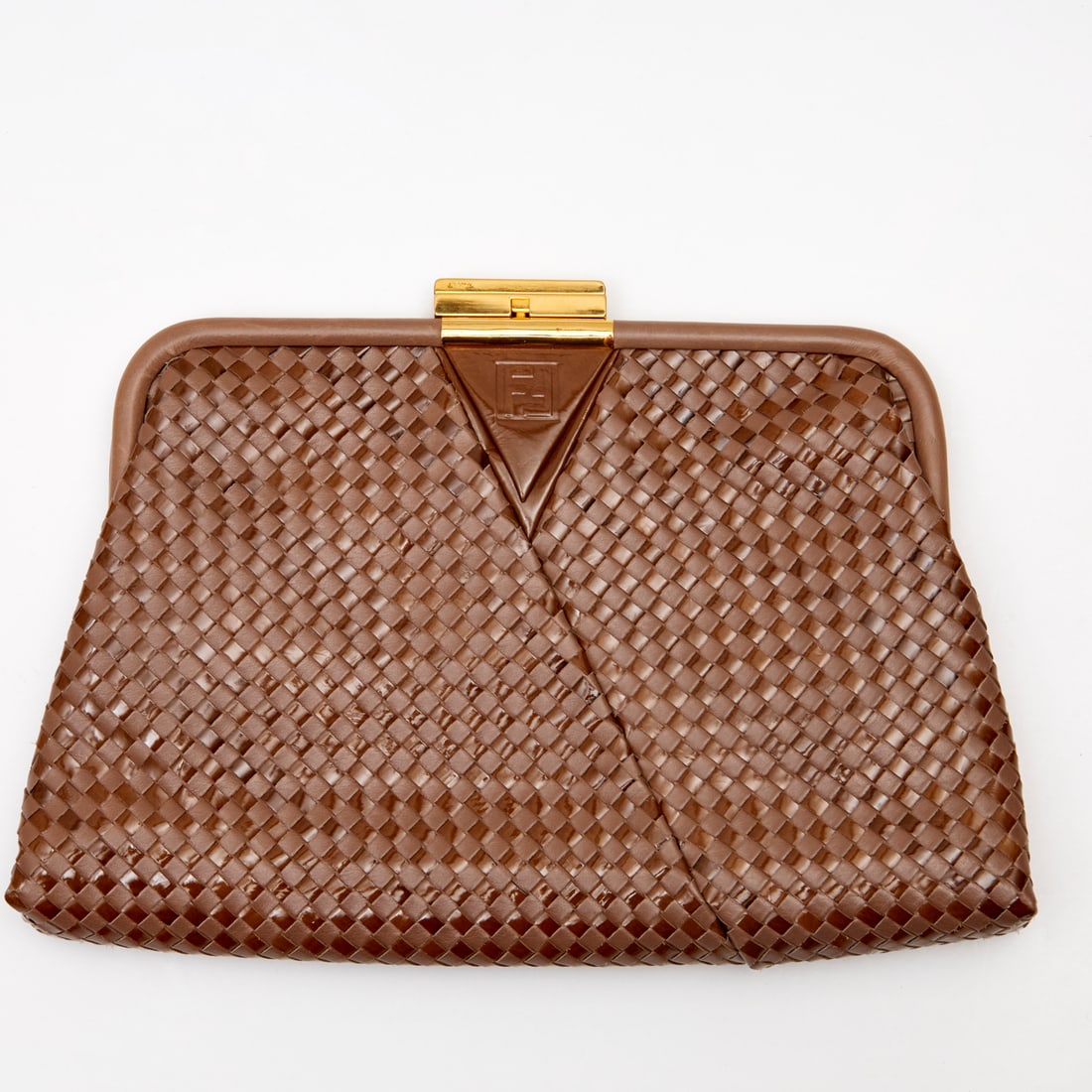 Vintage Fendi Intrecciato brown clutch: Vintage Fendi Intrecciato brown clutch, Made in Italy, cocoa brown woven leather, push slide top closure, gold metal hardware, brown calf interior with pockets on both sides, one zipper, 8"h, 12"w Pro