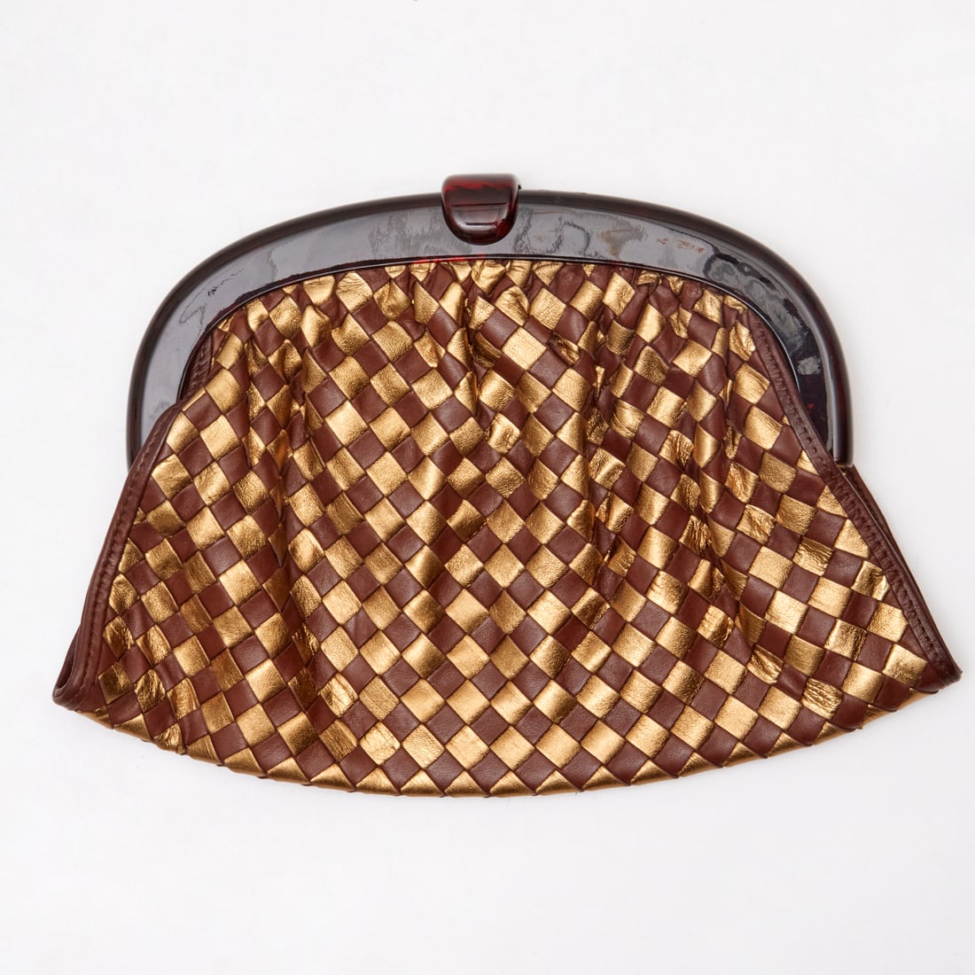 Bottega Veneta metallic Intrecciato clutch: Bottega Veneta metallic Intrecciato clutch, 20th c., Made in Italy, in brown and gold, with hard frame, clip over closure, approx. 7"h, 11"w Provenance: A Private Collection: 1040 Fifth Avenue, NYC