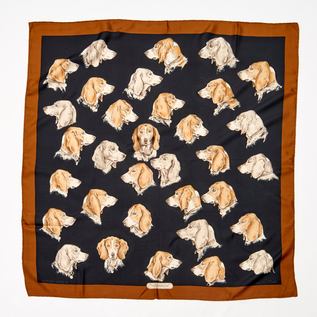 Hermes "Monarch" 90 cm scarf: Hermes "Monarch" 90 cm scarf, Made in France, 100% silk, design by Xavier de Poret in 1974, with brown border, approx. 35"squ Provenance: A Private Collection: 1040 Fifth Avenue, NYC