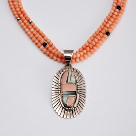 Coral bead & sterling pendant necklace