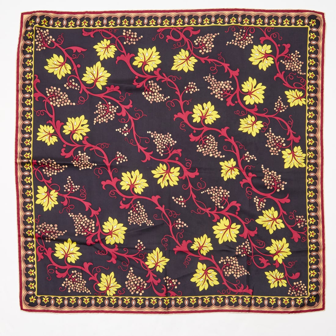 Emilio Pucci silk twill scarf: Emilio Pucci silk twill scarf, Mid/Late 20th c., 100% silk, in black, purple & yellow, grape print, hand rolled edges, approx. 33"squ Provenance: A Private Collection: 1040 Fifth Avenue, NYC