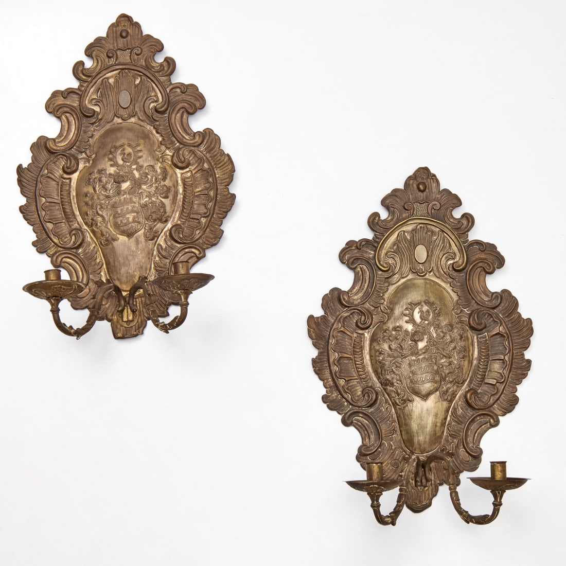 Pair Continental brass repousse armorial sconces (1 of 6)