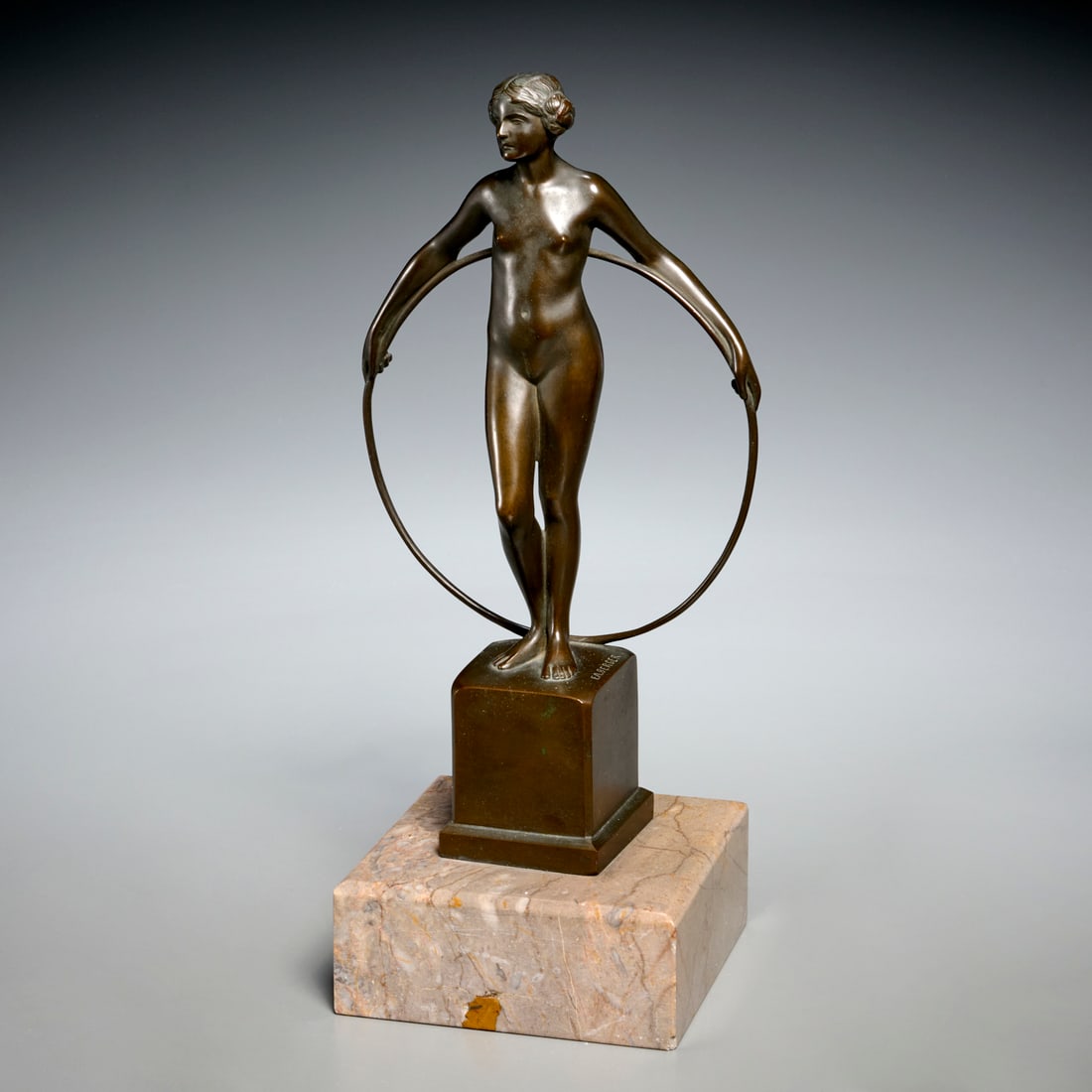 E. Arthur Berger, bronze sculpture: E. Arthur Berger, bronze sculpture, Arthur (also listed as Artur) Berger German (1892-1981), Female Nude with Hoop, signed "E.A. Berger" on top of pedestal, on marble base, 12.75"h x 6"w x 4.75"d