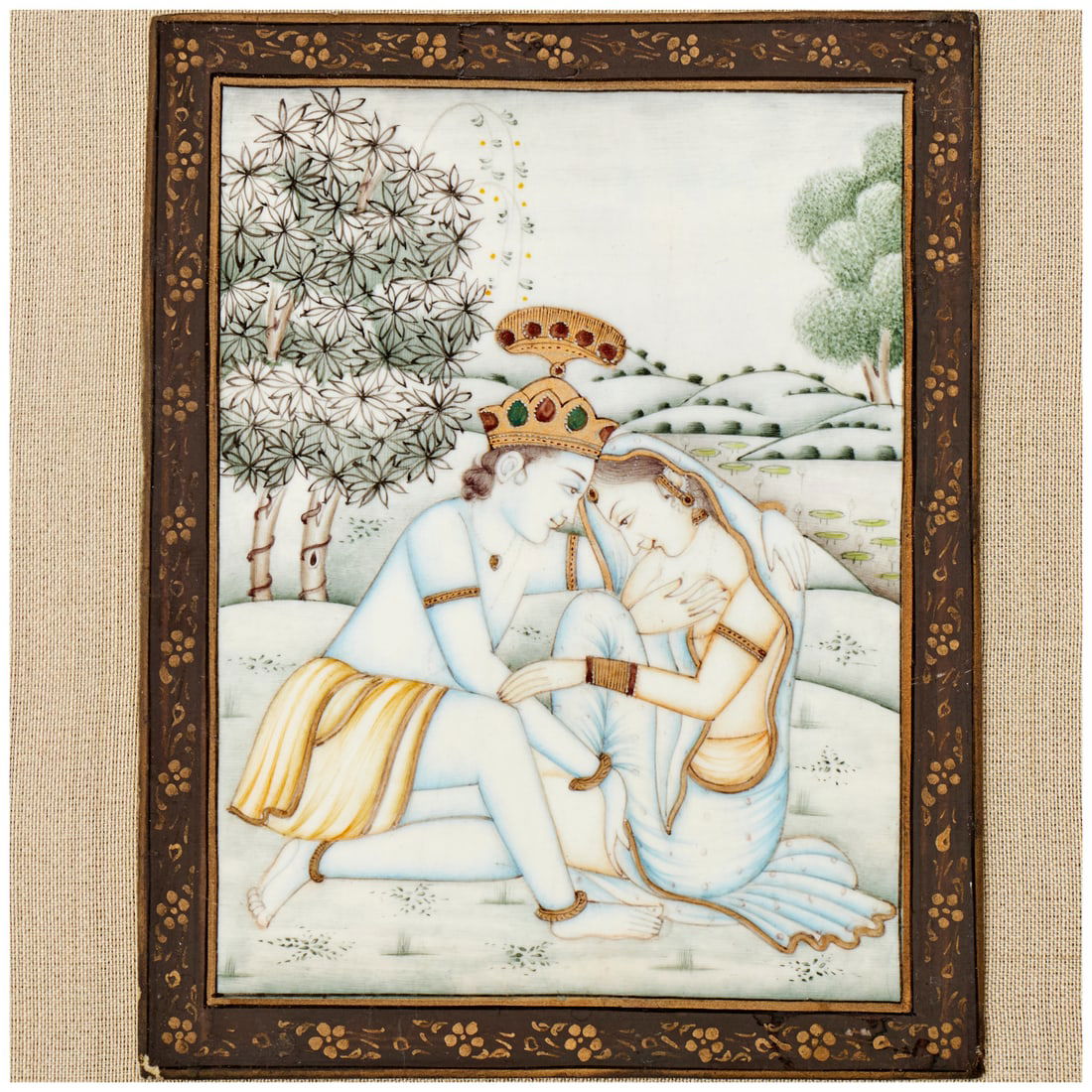 Mughal School, erotic miniature: Mughal School, erotic miniature, Mughal School (19th/20th c.), watercolor on white substrate, Loving Couple, possibly Radha and Krishna, mounted on easel-backed linen covered board, 3.75"h x 3"w (imag