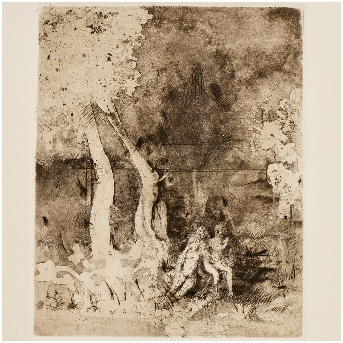 Thomas Cornell, signed etching, c. 1968: Thomas Cornell, signed etching, c. 1968, Thomas Cornell (American, 1937-2012), "Adam and Eve", on Strathmore paper, pencil signed and numbered 29/100 lower margin, loose and unframed, 9.5"h x 7.5"w (i