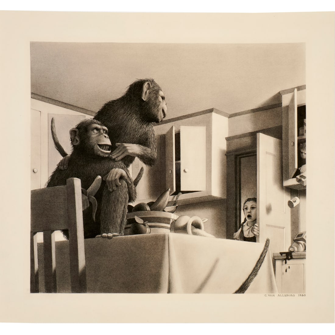 Chris Van Allsburg, "Jumanji" giclee print: Chris Van Allsburg, "Jumanji" giclee print, Chris Van Allsburg (American, b. 1949), illustration of the monkeys from the 1981 Caldecott winning book, high-resolution inkjet on heavy paper, loose and u