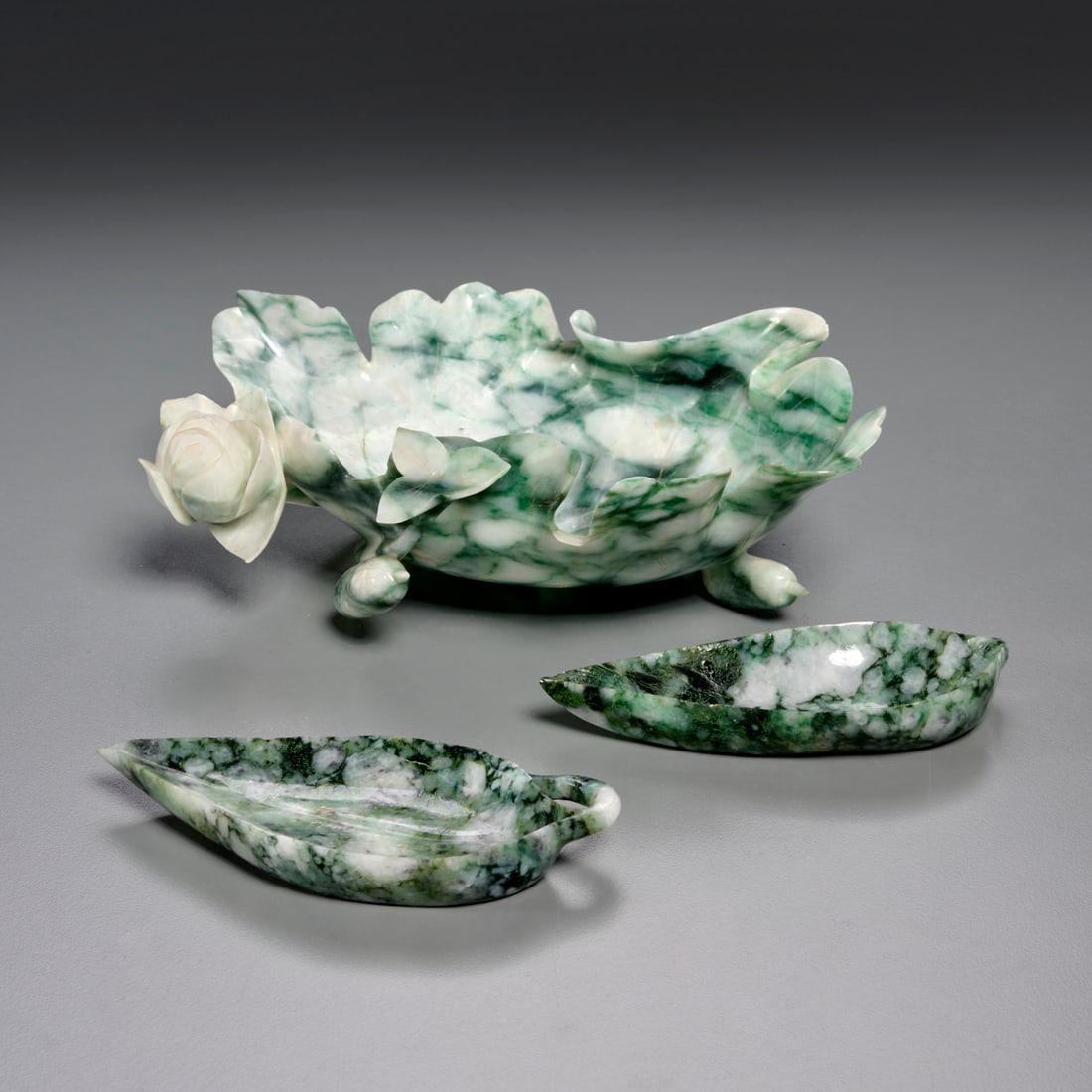 Group (3) Chinese carved jade leaf dishes (1 of 6)