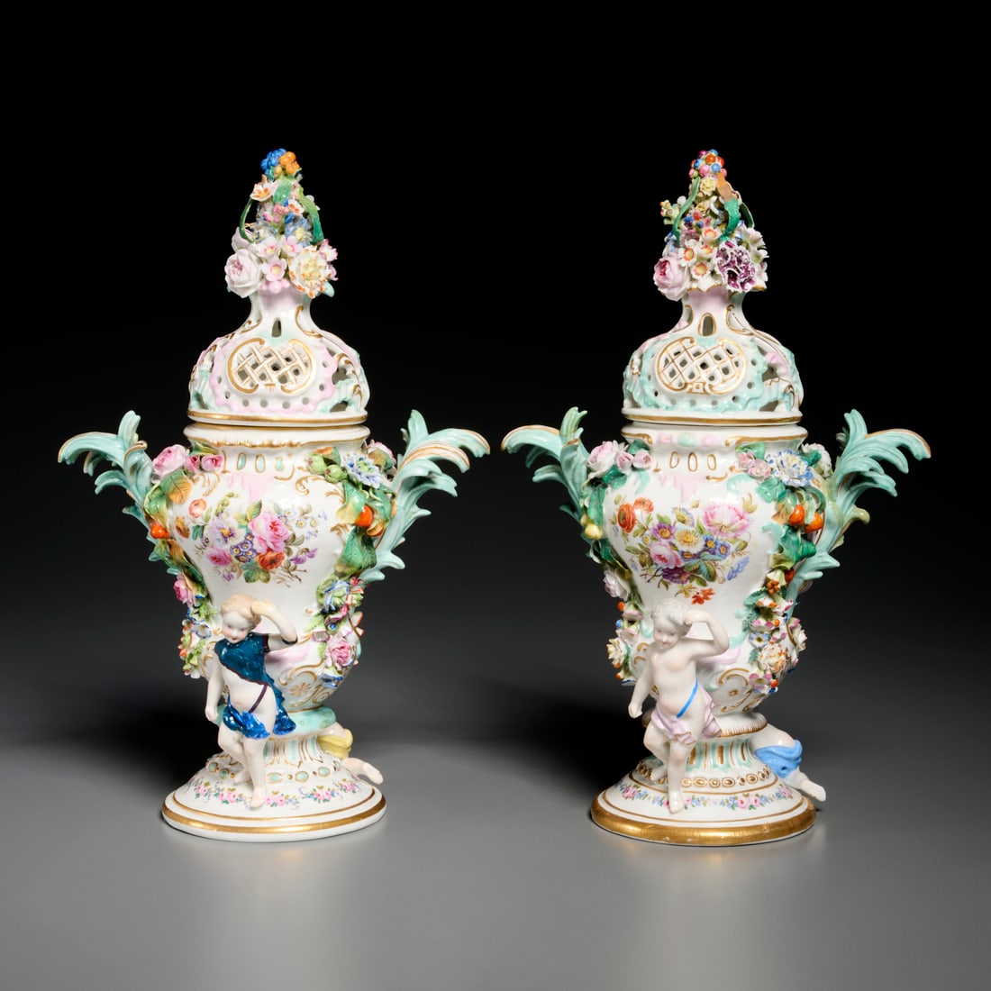 Pair Meissen style porcelain potpourri urns (1 of 8)