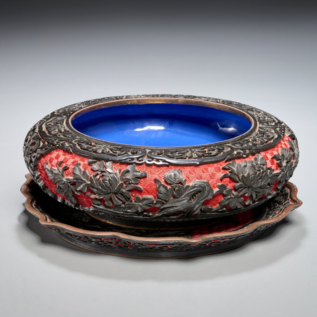 (2) Pieces Chinese carved red, black lacquerware (1 of 6)