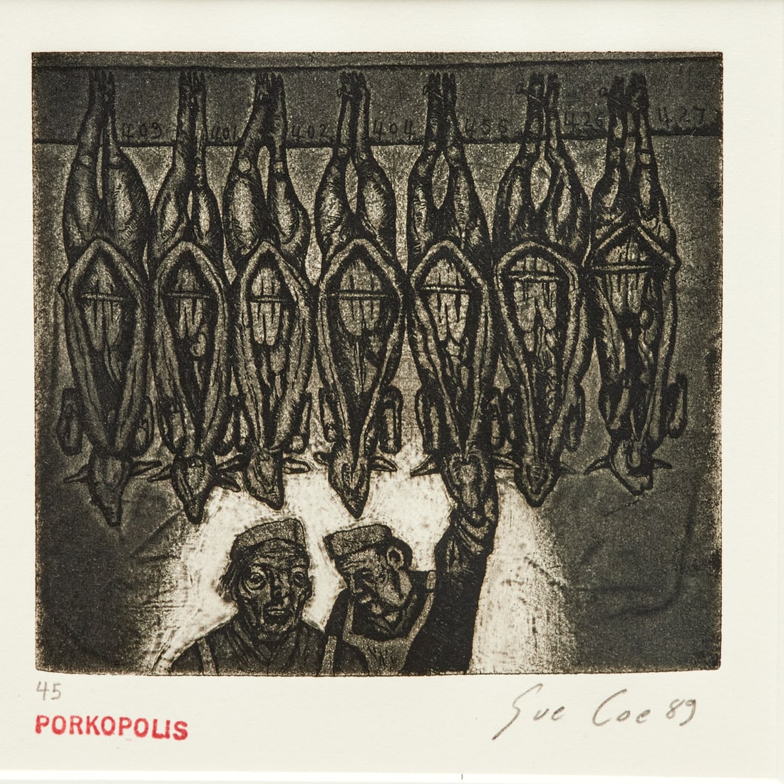 Sue Coe, aquatint and etching on paper, 1989: Sue Coe, aquatint and etching on paper, 1989, Sue Coe (British, b. 1951), "Hot House Lambs" from the "Porkopolis" series, signed and dated lower margin, numbered 45 and stamped "Porkopolis" lower left