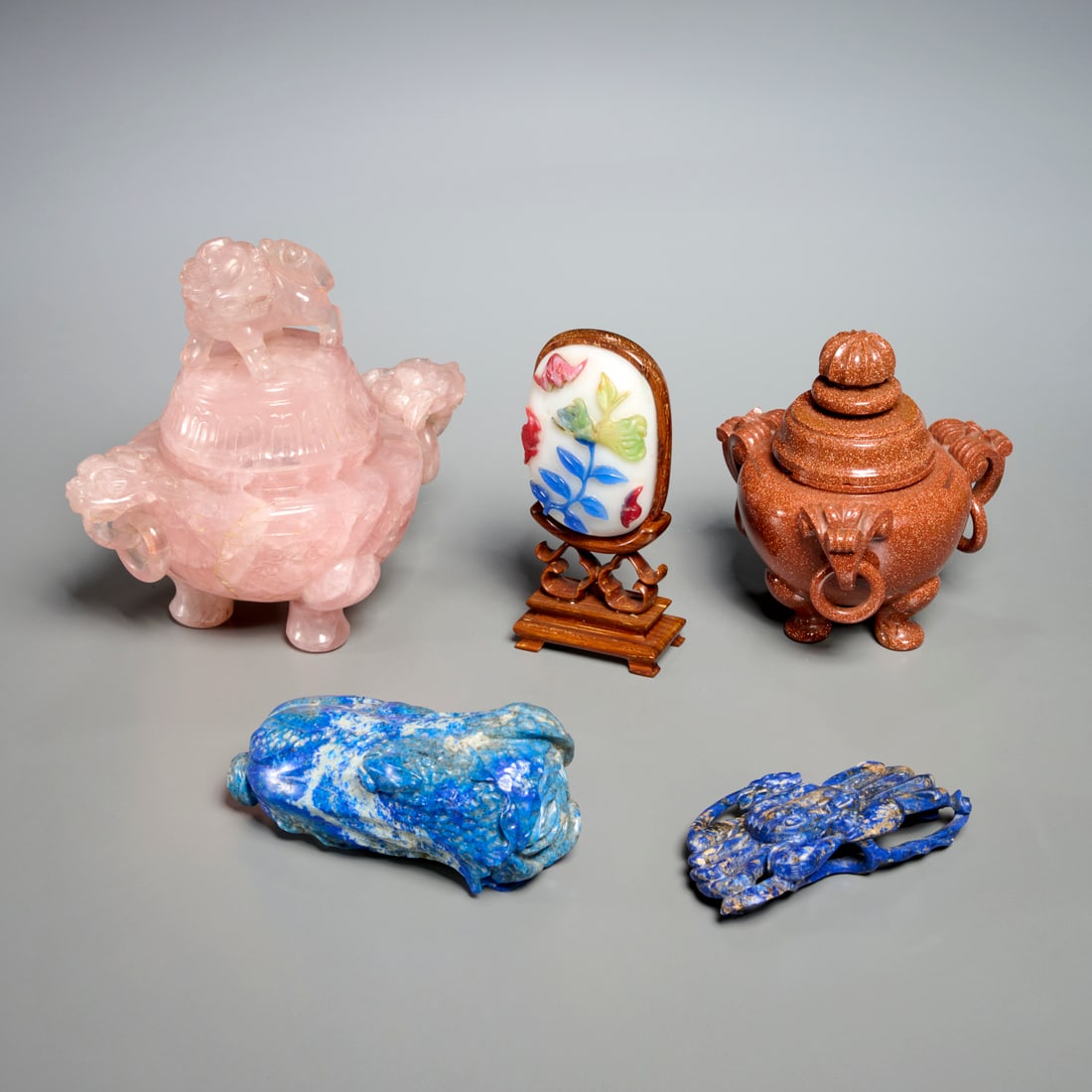 (5) Chinese glass and hardstone carvings: (5) Chinese glass and hardstone carvings, 19th/20th c., incl. a rose quartz censer, with foo dog finial and handles, and two lapis lazuli carvings, a crab and a cabbage, a goldstone censer, and a Peki