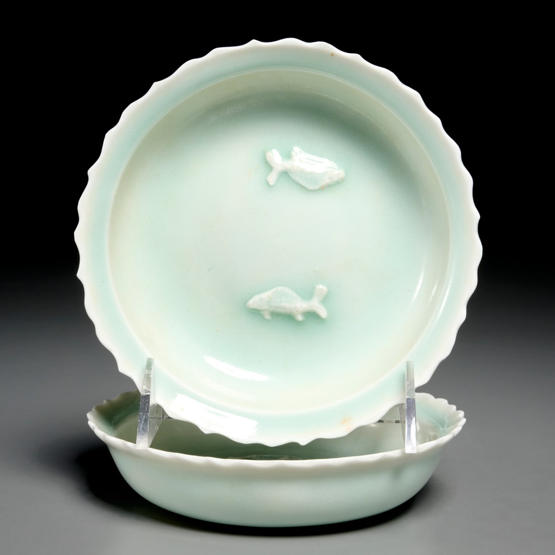 (2) Chinese pale celadon glazed twin fish dishes (1 of 6)