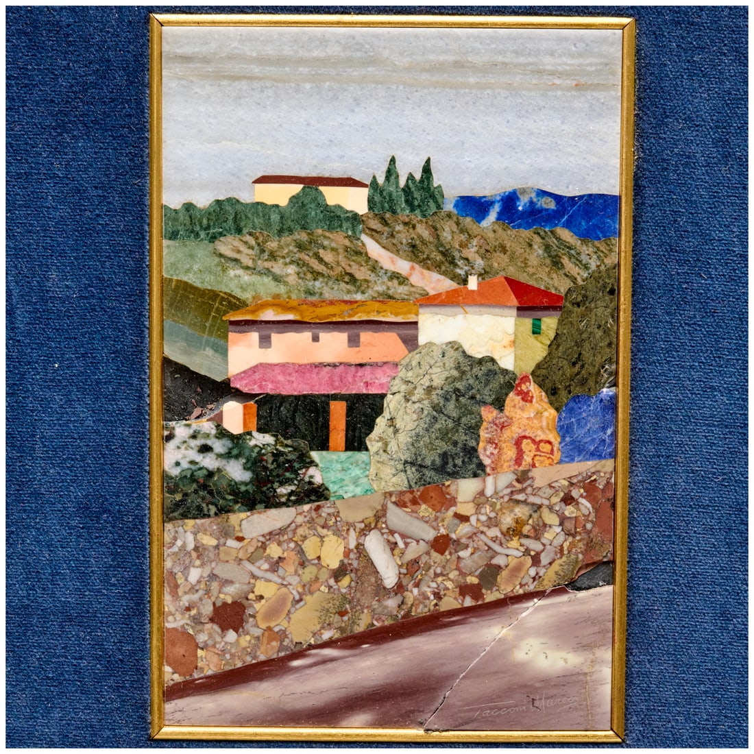 Marco Tacconi, pietra dura plaque: Marco Tacconi, pietra dura plaque, Marco Tacconi (Italian, 20th c.), Houses on Mountainside, etched signature "Tacconi Marco", 7"h x 4.5"w (plaque), 14.75"h x 12.5"w (frame)